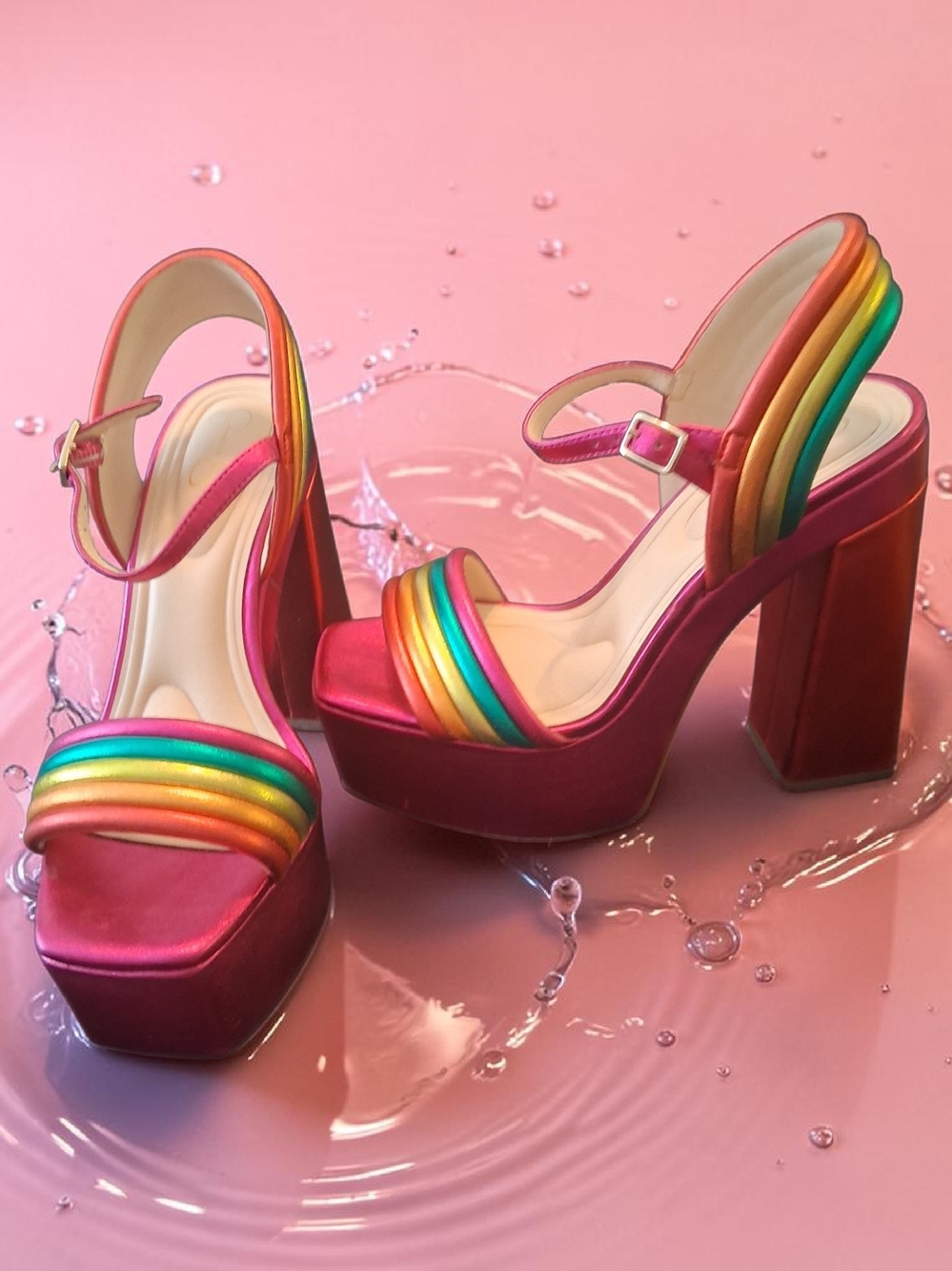 Jessica Simpson Pink Platform Heels with Rainbow Straps - Picture 2 of 7